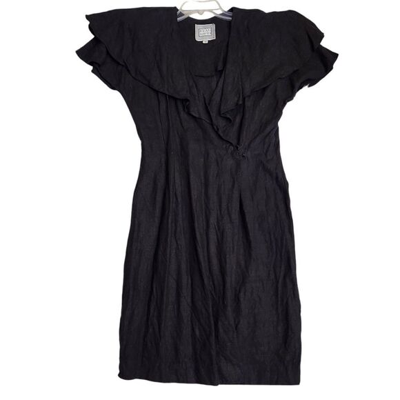 BEAU DAVID Vtg 80's ruffled neckline wrap 100% Linen dress Sz 10 - Picture 10 of 12